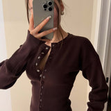 Elegant Button-Up Knit Cardigan with Round Neck