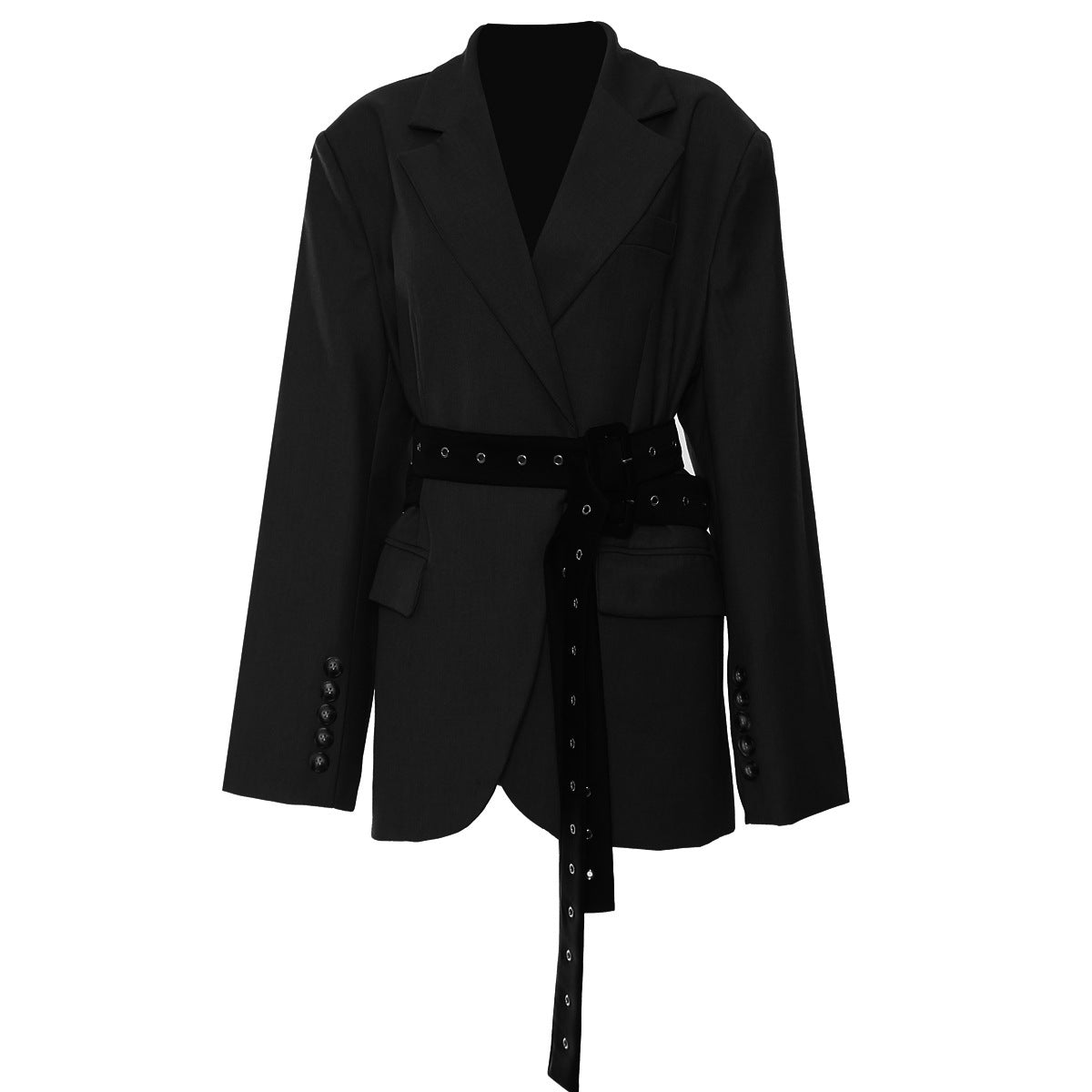 Tailored Blazer Jacket with Belt and Notched Lapel Collar