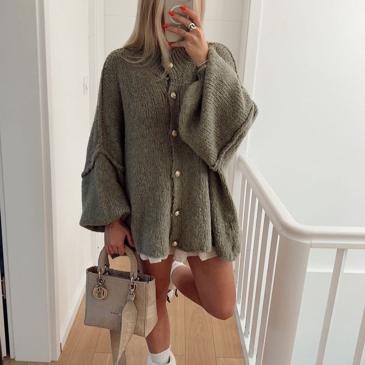 Oversized Knitted Cardigan with Gold Button Detail