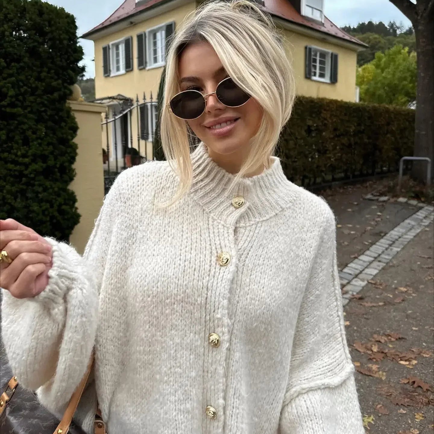 Oversized Knitted Cardigan with Gold Button Detail