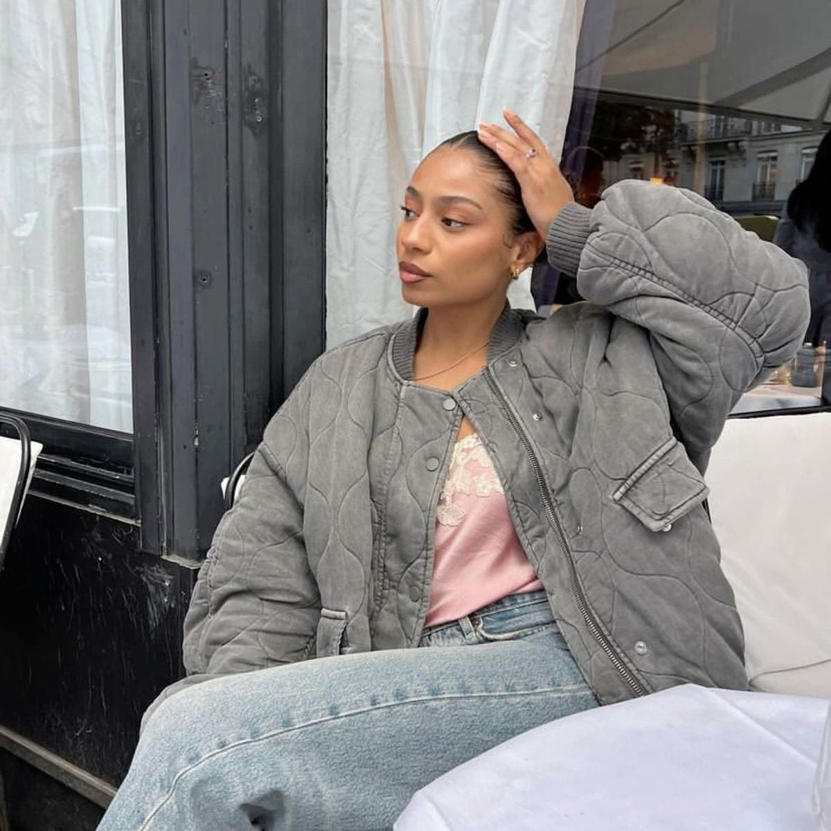 Oversized Quilted Bomber Jacket with Pocket Details