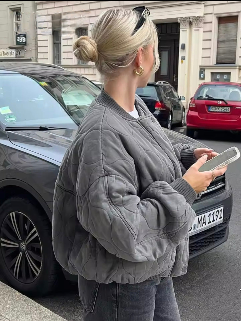 Quilted Bomber Jacket with Oversized Fit and Pocket Accents