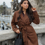 Extended Faux Suede Trench Coat with Waist Belt