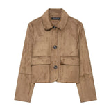 Retro Faux Suede Jacket with Front Flap Pockets