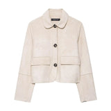 Retro Faux Suede Jacket with Front Flap Pockets
