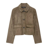 Vintage-Style Faux Suede Jacket with Front Flap Pockets