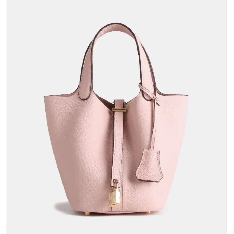 Elegant Textured Leather Bucket Bag with Gold Lock