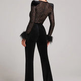 Velvet Flared Jumpsuit with Feather Cuffs and Sheer Sequin Bodice