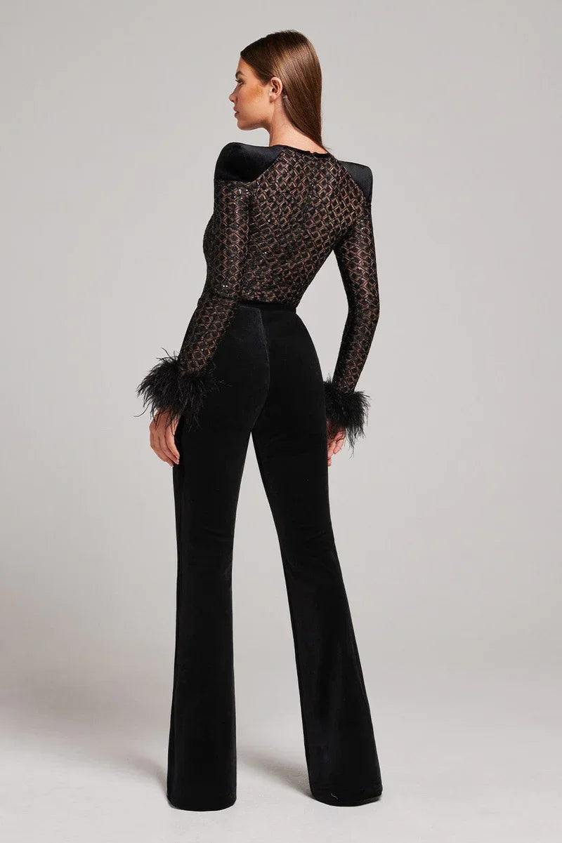 Velvet Flare Jumpsuit with Sequin Sheer Bodice and Feathered Cuffs