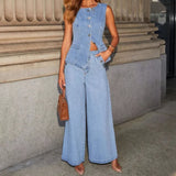 Sleeveless Denim Co-Ord Set with Wide-Leg Trousers