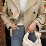 Double-Breasted Cropped Trench Coat with Contrasting Buttons