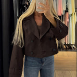 Double-Breasted Cropped Trench Coat with Contrasting Buttons