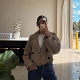 Double-Breasted Cropped Trench Coat with Contrasting Buttons