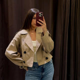 Double-Breasted Cropped Trench Coat with Contrasting Buttons