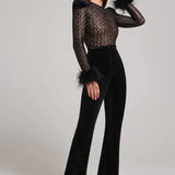Velvet Flared Jumpsuit with Feather Cuffs and Sheer Sequin Bodice