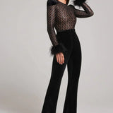 Flared Velvet Jumpsuit with Sheer Sequin Bodice and Feathered Cuffs