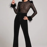 Flared Velvet Jumpsuit with Sheer Sequin Bodice and Feathered Cuffs