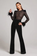 Velvet Flare Jumpsuit with Sequin Sheer Bodice and Feathered Cuffs