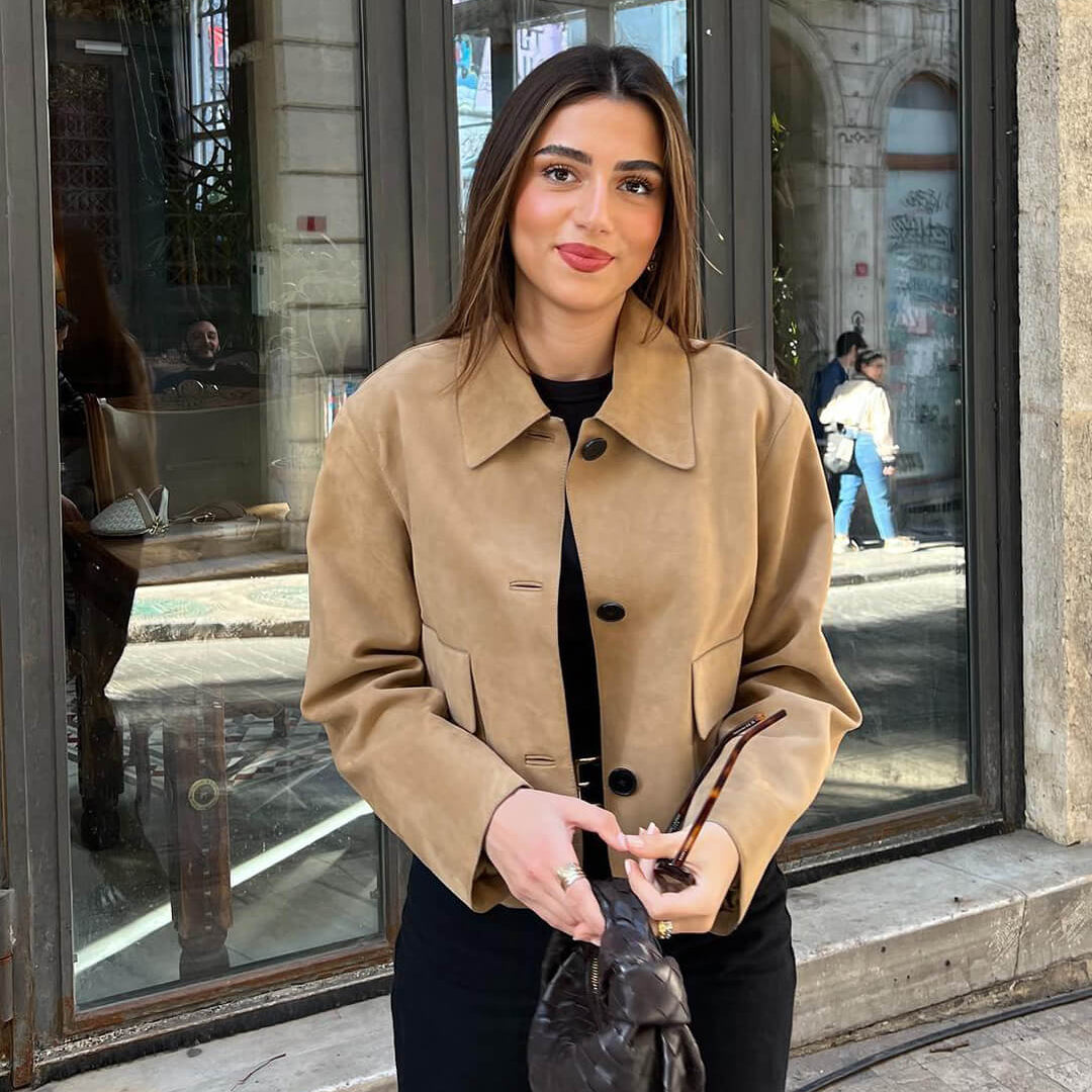 Vintage-Style Faux Suede Jacket with Front Flap Pockets