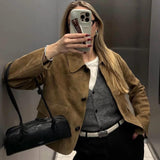 Vintage-Style Faux Suede Jacket with Front Flap Pockets