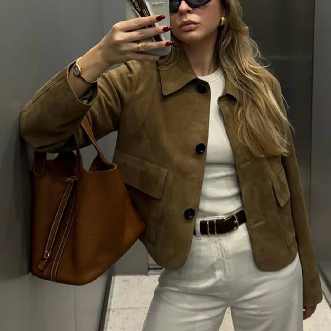 Vintage-Style Faux Suede Jacket with Front Flap Pockets