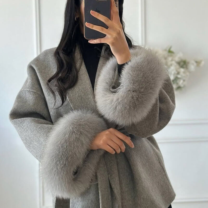 Belted Wool-Blend Wrap Coat with Faux Fur Cuffs
