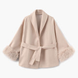 Belted Wool-Blend Wrap Coat with Faux Fur Cuffs