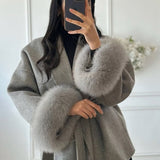 Wool-Blend Wrap Coat with Belt and Faux Fur Cuffs