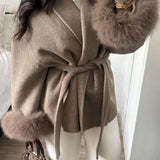 Belted Wool-Blend Wrap Coat with Faux Fur Cuffs