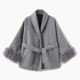 Belted Wool-Blend Wrap Coat with Faux Fur Cuffs