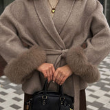 Wool-Blend Wrap Coat with Belt and Faux Fur Cuffs