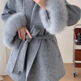 Wool-Blend Wrap Coat with Belt and Faux Fur Cuffs