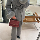 Wool-Blend Wrap Coat with Belt and Faux Fur Cuffs