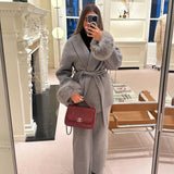 Wool-Blend Wrap Coat with Belt and Faux Fur Cuffs