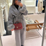 Wool-Blend Wrap Coat with Belt and Faux Fur Cuffs