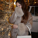 Belted Wool-Blend Wrap Coat with Faux Fur Cuffs