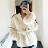 Belted Wool-Blend Wrap Coat with Faux Fur Cuffs