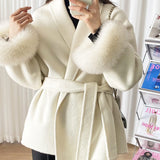 Wool-Blend Wrap Coat with Belt and Faux Fur Cuffs