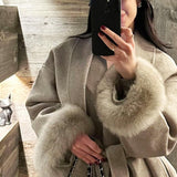 Wool-Blend Wrap Coat with Belt and Faux Fur Cuffs