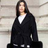 Wool-Blend Wrap Coat with Belt and Faux Fur Cuffs