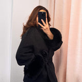 Wool-Blend Wrap Coat with Belt and Faux Fur Cuffs