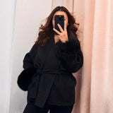 Wool-Blend Wrap Coat with Belt and Faux Fur Cuffs