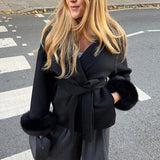 Belted Wool-Blend Wrap Coat with Faux Fur Cuffs