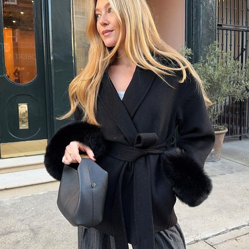 Wool-Blend Wrap Coat with Belt and Faux Fur Cuffs