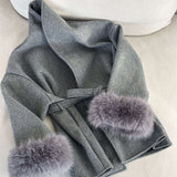 Wool-Blend Wrap Coat with Belt and Faux Fur Cuffs