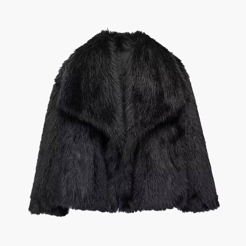 Retro-Style Faux Fur Coat with Large Lapel Collar