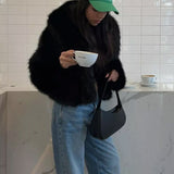 Retro-Style Faux Fur Coat with Large Lapel Collar