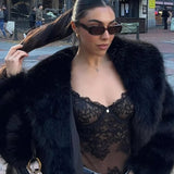 Retro-Style Faux Fur Coat with Large Lapel Collar