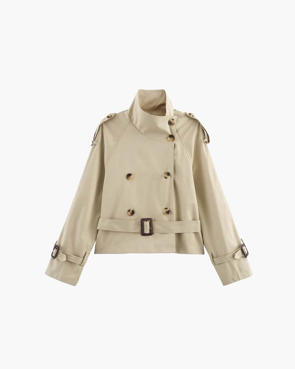 Double-Breasted Cropped Trench Coat with Belted Cuffs