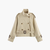 Cropped Double-Breasted Trench Coat with Belted Cuffs